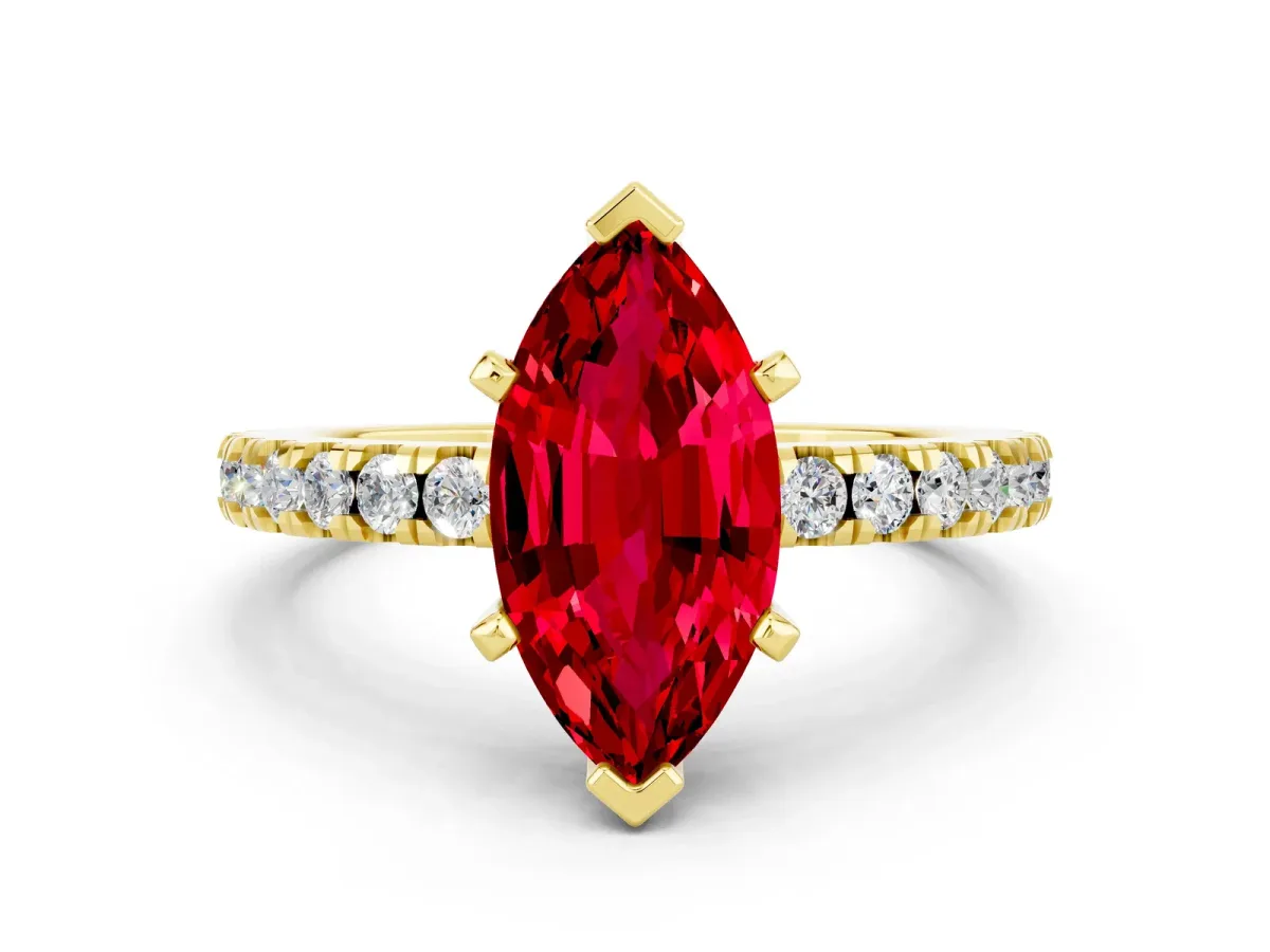 Marquise Cut Solitaire Ruby with Pavé Band and Four-Prong Setting Yellow gold