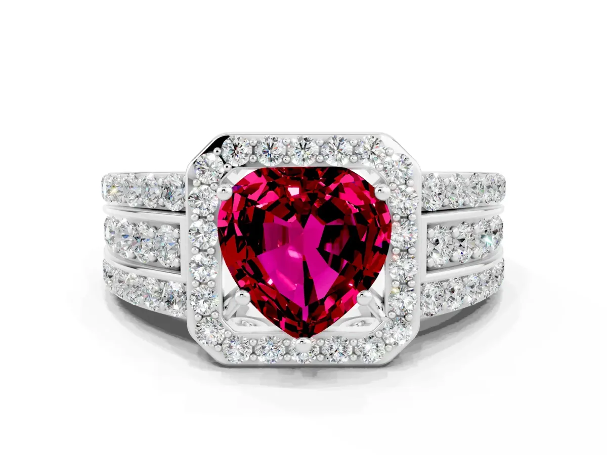 Heart Cut Halo Garnet Ring with Round Split Shank and Prong Setting White gold