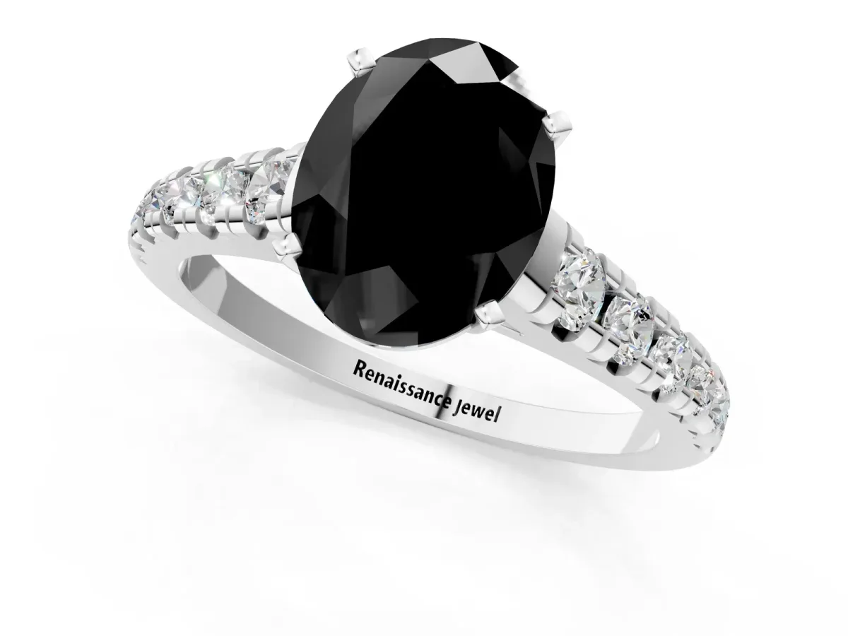 Fancy Black Oval Cut Diamond Cathedral Solitaire Ring with Round Pavé Band Silver