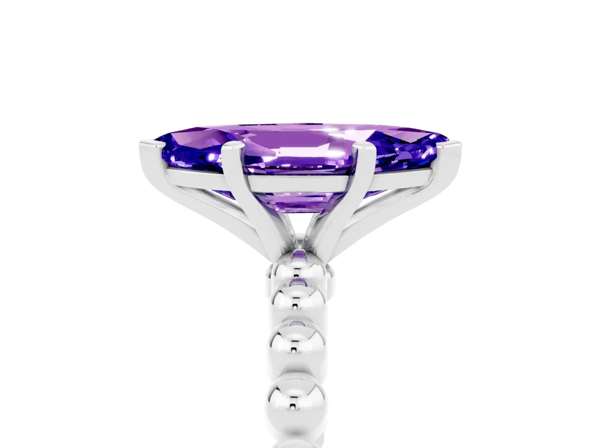 Marquise Cut Tanzanite Solitaire Ring with Beaded Band and Prong Setting Silver