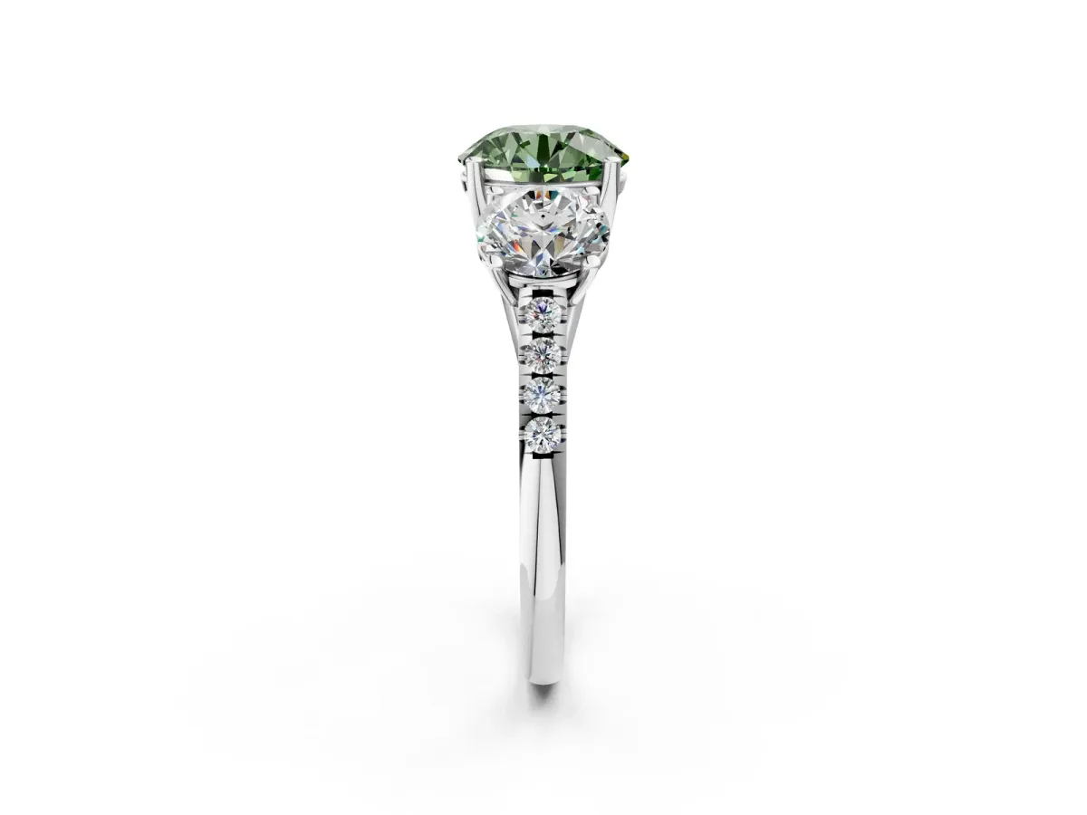 Fancy Green Three-Stone Round Cut Diamond Ring with Round Pavé Band and Prong Setting Silver