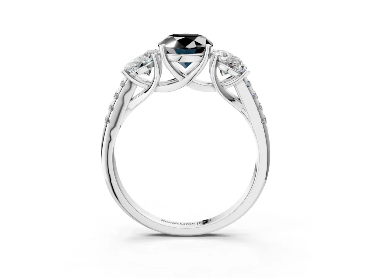 Fancy Black Three-Stone Oval Cut Diamond Ring with Round Pavé Band and Prong Setting Silver