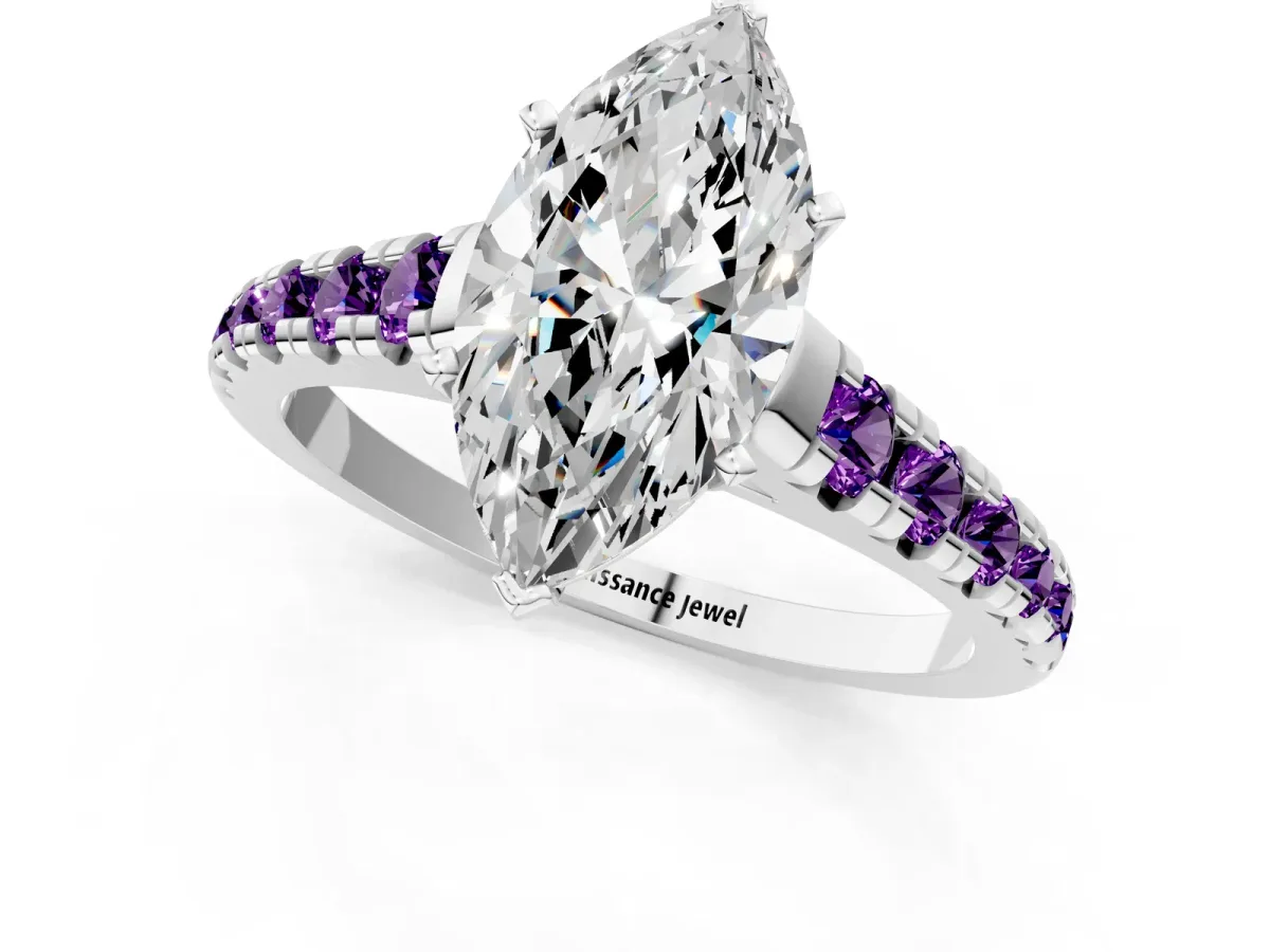 Marquise Cut Diamond Cathedral Solitaire Ring with Round Amethyst Pavé Band Silver