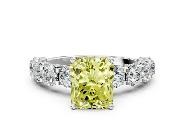 Fancy Yellow Radiant Cut Diamond Side Stone Engagement Ring with Four-Prong Setting White gold