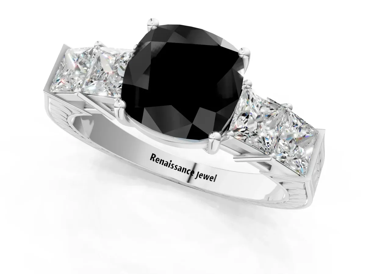 Fancy Black Cushion Cut Solitaire Princess Side Stone Engraved Band Prong Setting Ring Silver