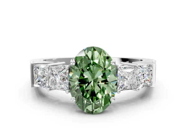 Fancy Green Oval Cut Solitaire Princess Side Stone Engraved Band Prong Setting Ring Platinum