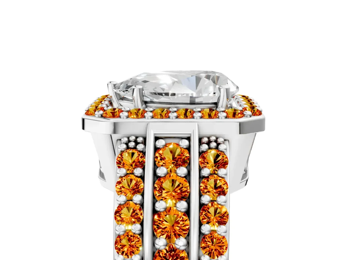 Pear Cut Halo Diamond Ring with Round Citrine Split Shank and Prong Setting Silver