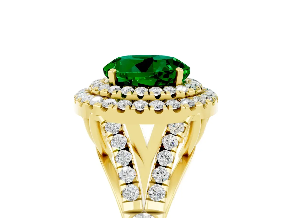 Round Cut Emerald Double Halo Ring with Split Shank and Prong Setting Yellow gold