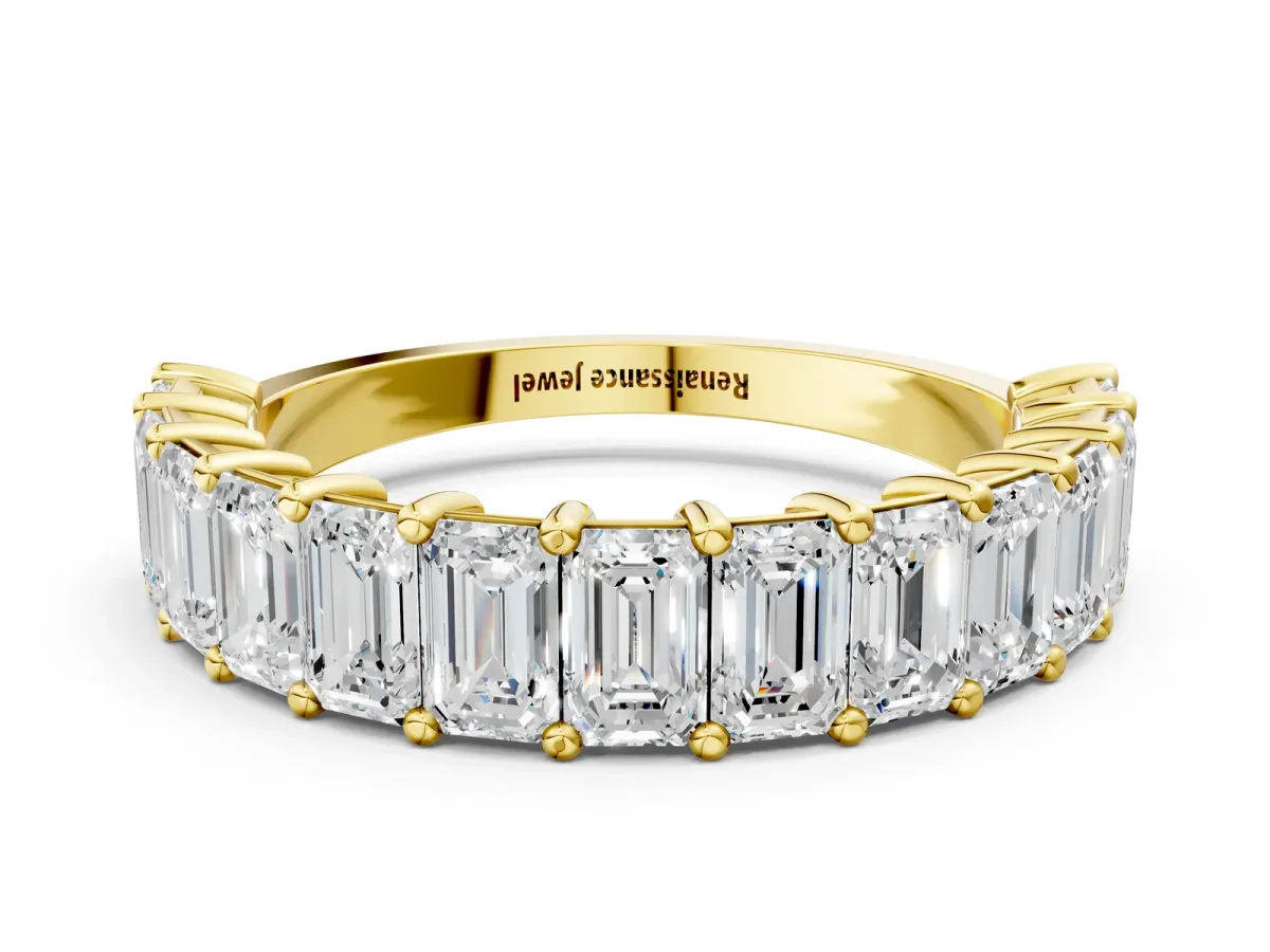 emerald Cut half eternity band with shared prong setting Yellow gold