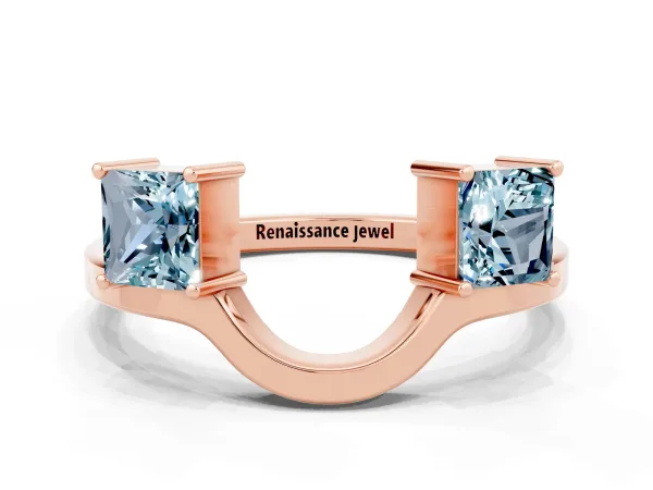 Princess Cut Aquamarine Two-Stone Open Band Ring with Four-Prong Setting Rose gold