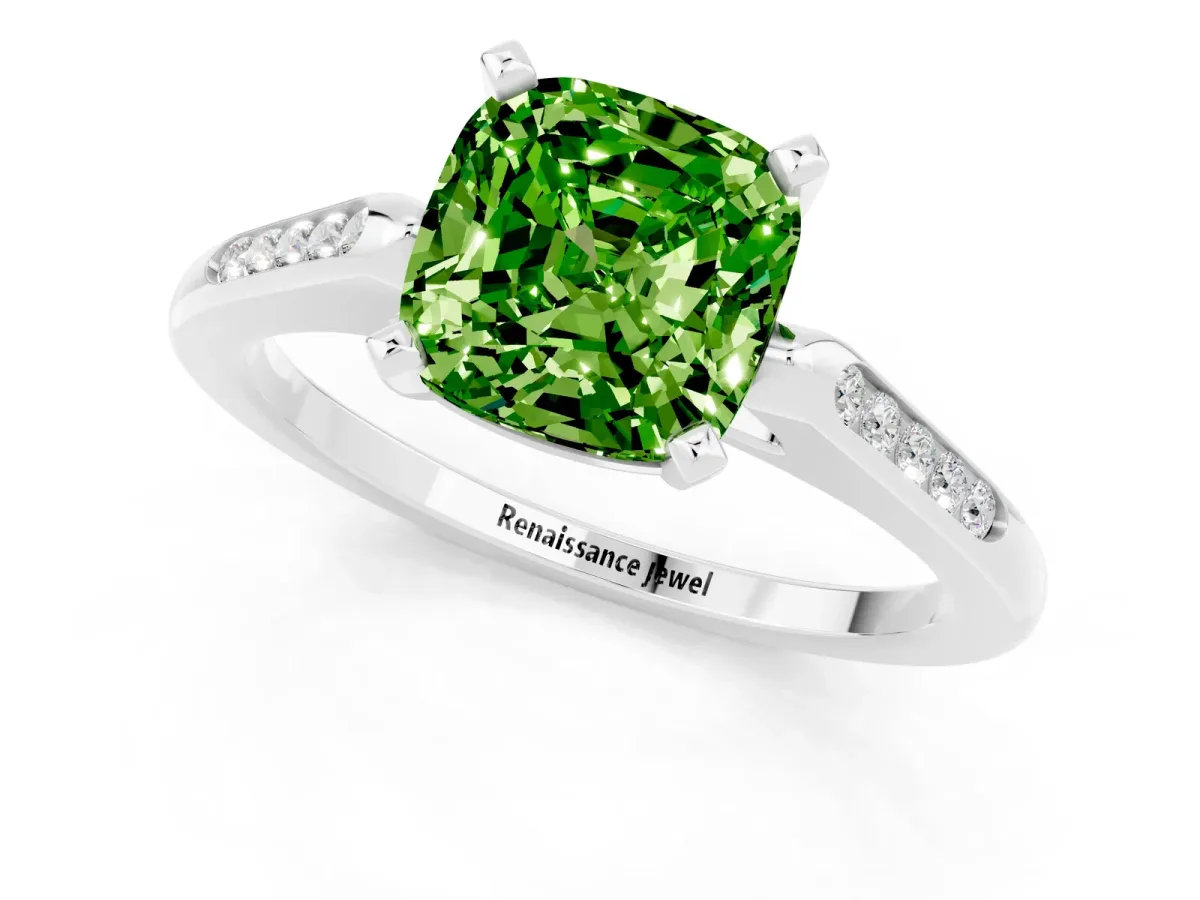 Cushion Cut Peridot Solitaire Ring with Channel Set Round Band and Prong Setting Silver