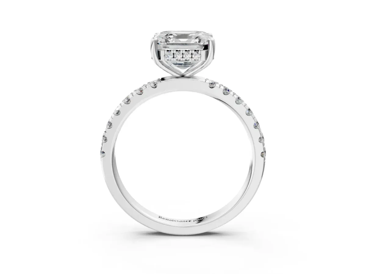 Asscher Cut Diamond Pave Band Solitaire Ring with Round and Prong Setting Silver