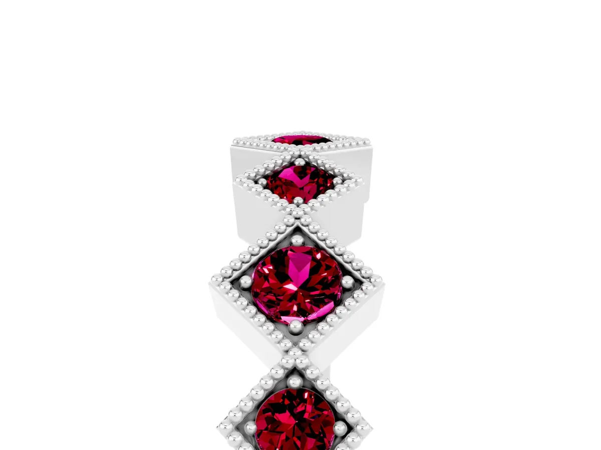 Milgrain Square Bezel Round Garnet Chevron Band Silver