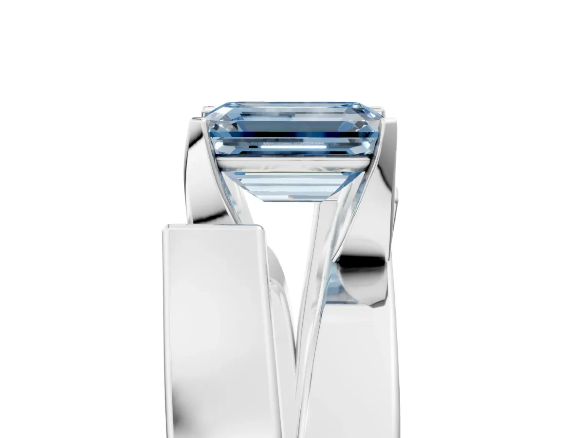 Fancy Blue Modern Tension Set Emerald Cut Diamond Solitaire Wide Band Ring Silver