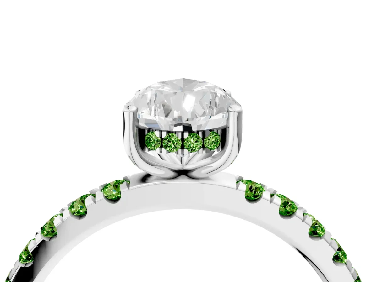 Pear Cut Diamond Pave Band Solitaire Ring with Round Peridot and Prong Setting Platinum