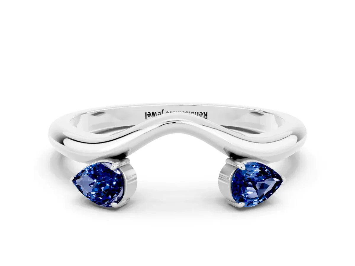 Pear Cut Blue Sapphire Two-Stone Open Band Ring with Prong Setting Silver