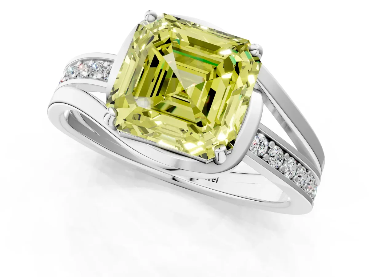 Fancy Yellow Asscher Cut Diamond Solitaire Ring with Split Shank and Prong Setting Platinum