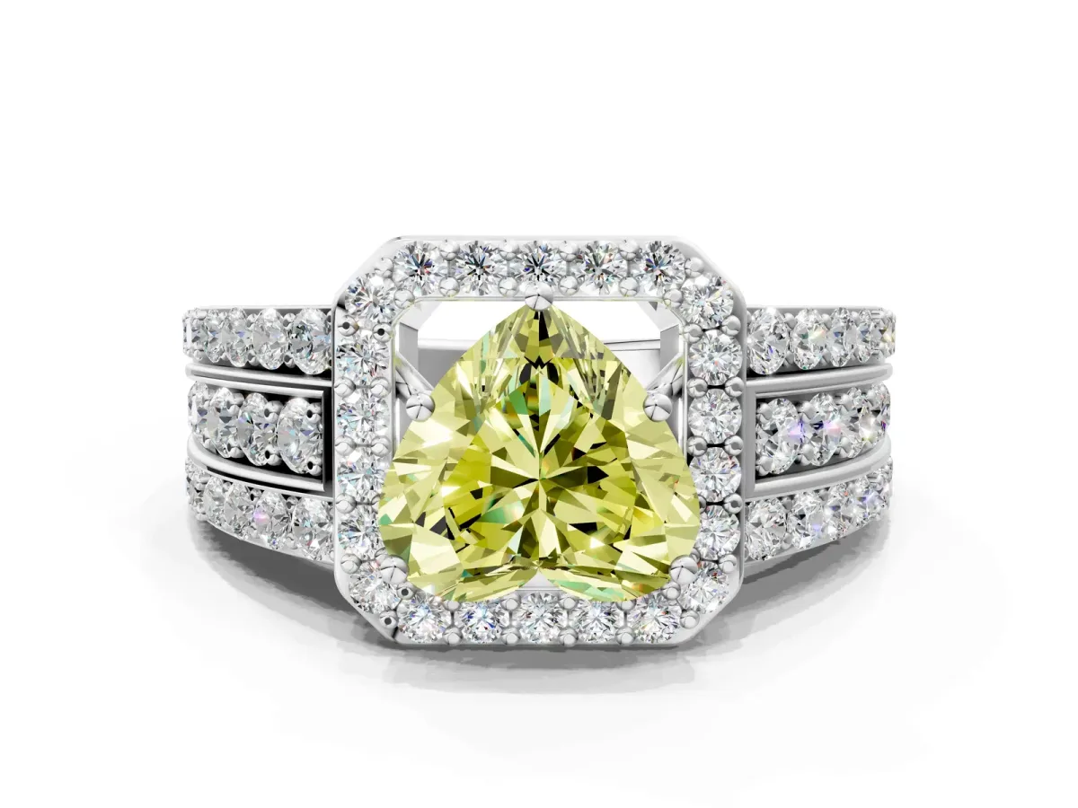 Fancy Yellow Heart Cut Halo Diamond Ring with Round Split Shank and Prong Setting Platinum