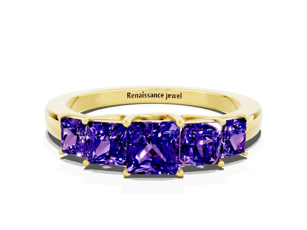 Princess Cut Five-Stone Tanzanite Ring with Classic Prong Setting Yellow gold