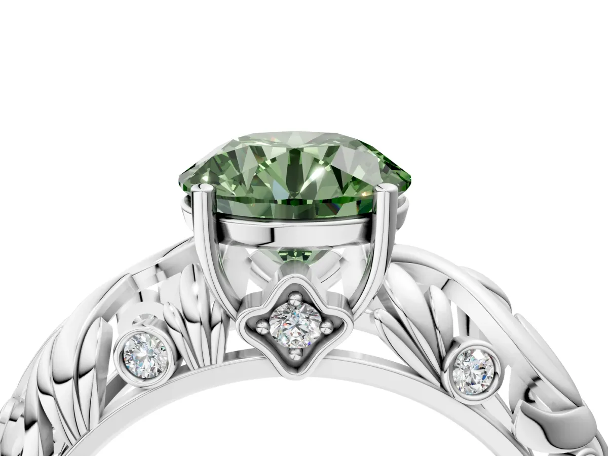 Fancy Green Round Cut Solitaire Diamond Leaf-Inspired Vine Band Ring with Prong Setting Silver
