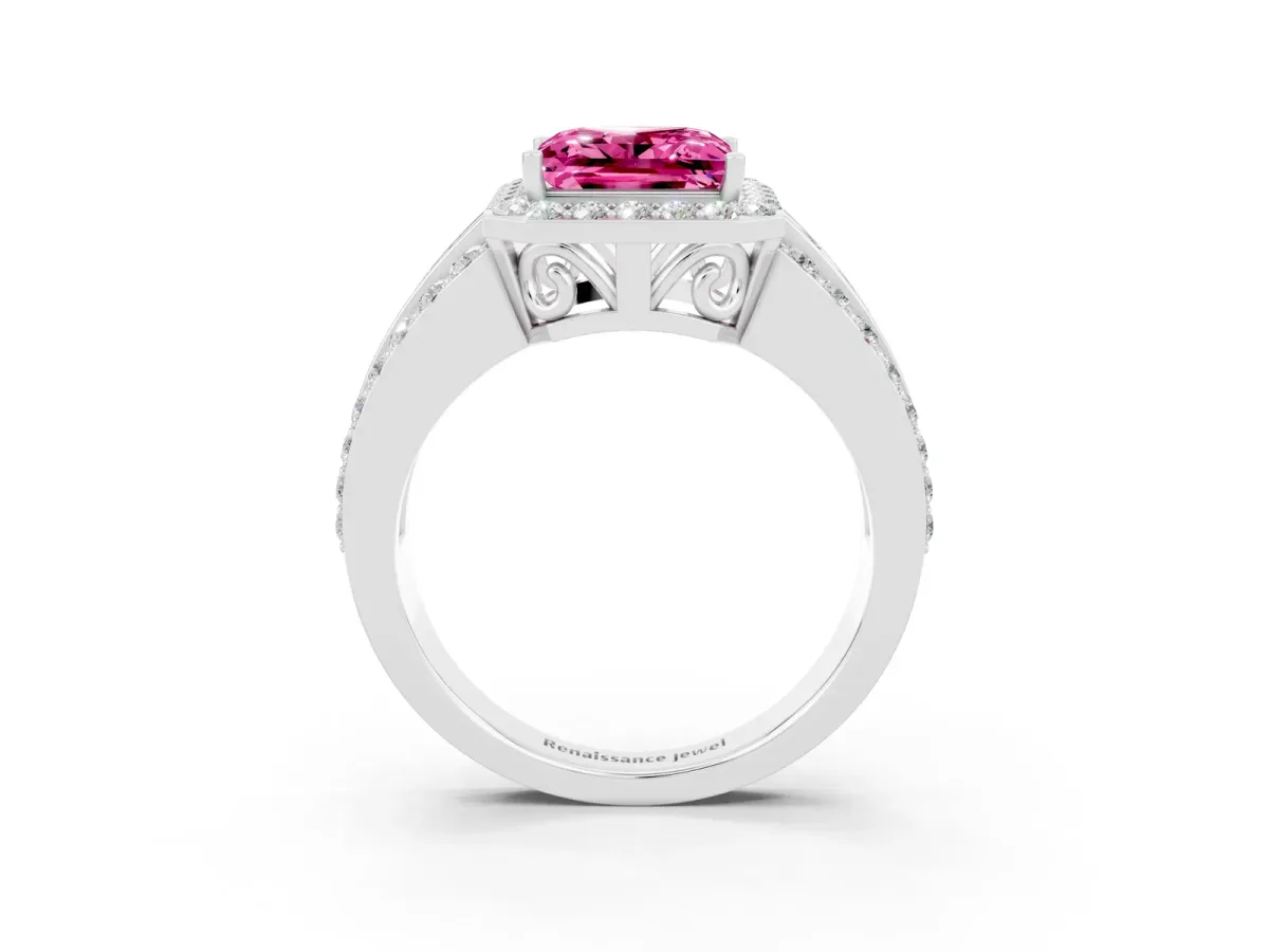 Princess Cut Halo Pink Sapphire Ring with Round Split Shank and Prong Setting Silver