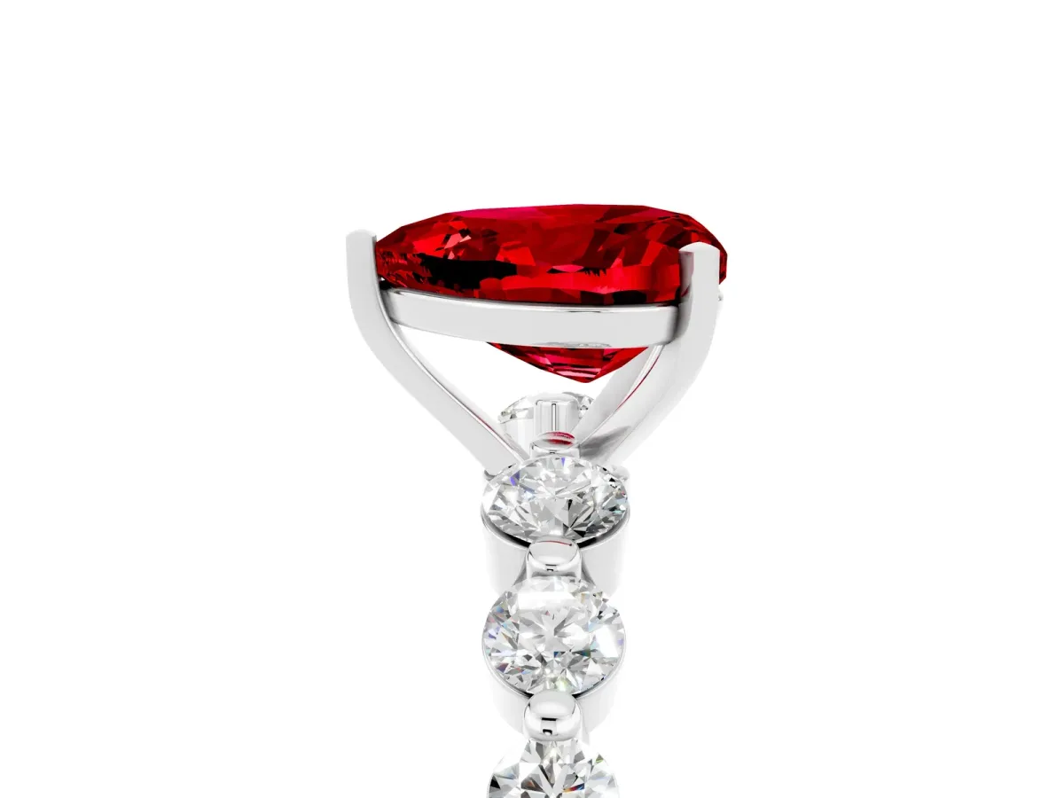 Heart Cut Solitaire Ruby Ring with Pave Band and Four-Prong Setting Silver