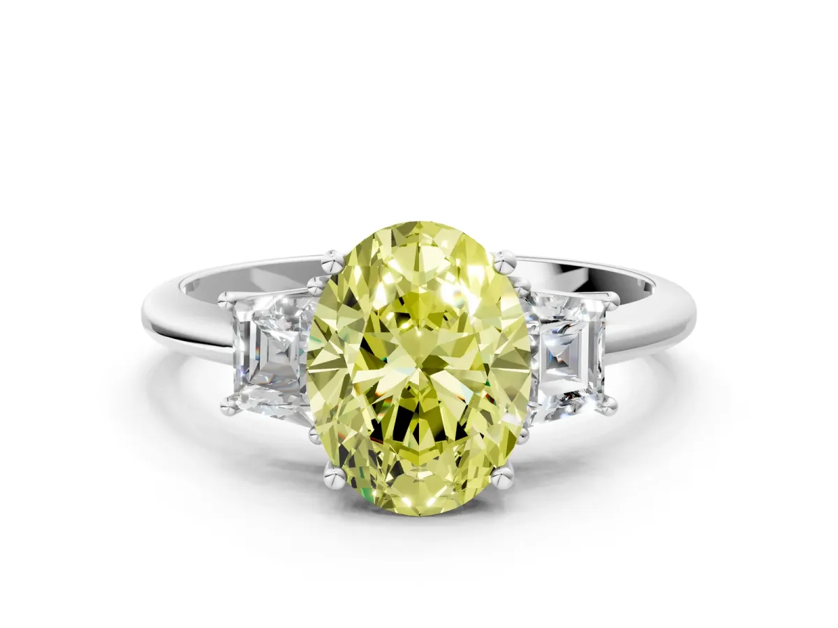 Fancy Yellow Oval Cut Diamond Three-Stone Ring with Trapezoid Side Stones and Prong Setting Platinum