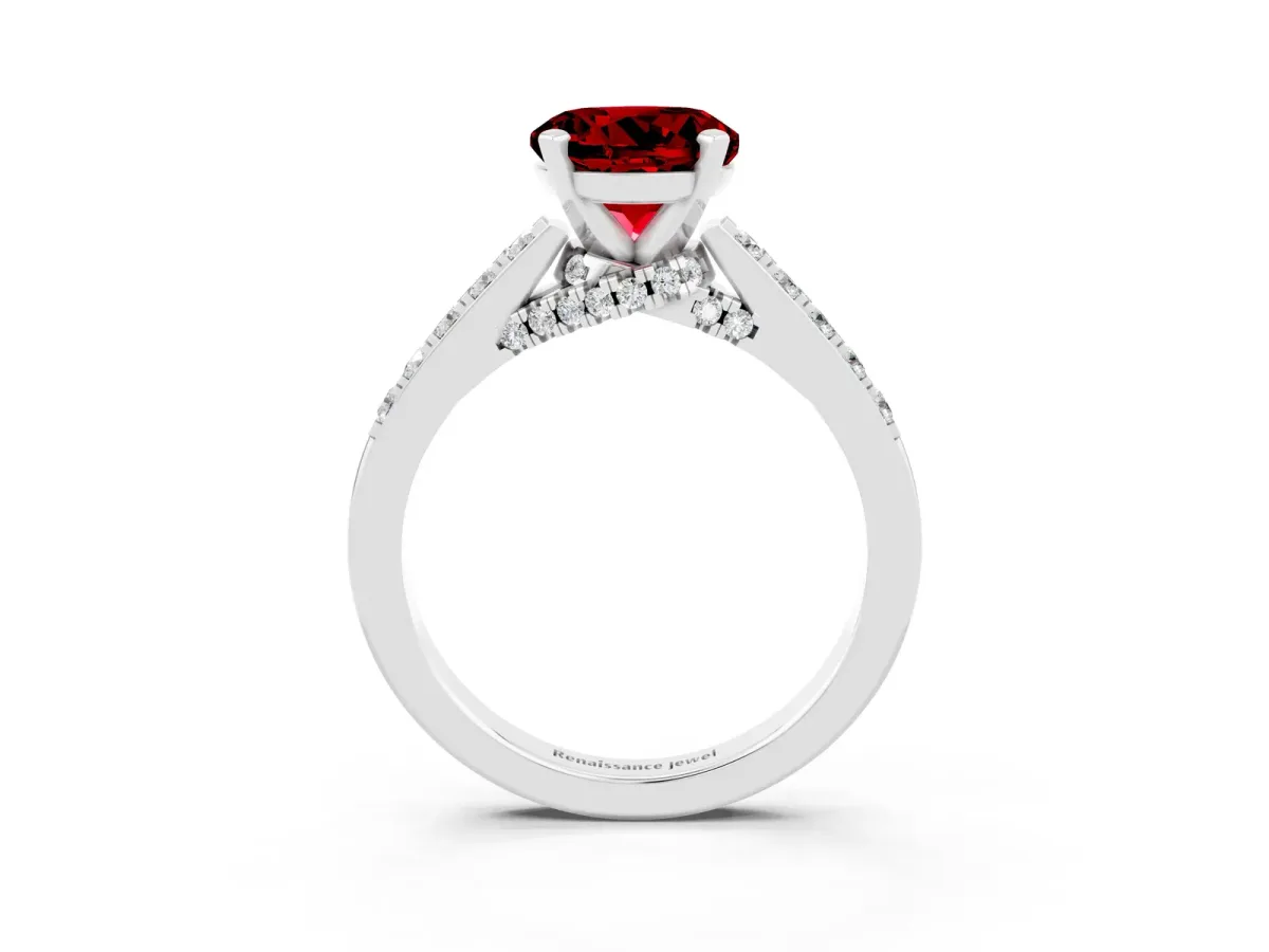 Round Cut Ruby Solitaire Ring with Crossover Gallery and Round Pavé Band Silver