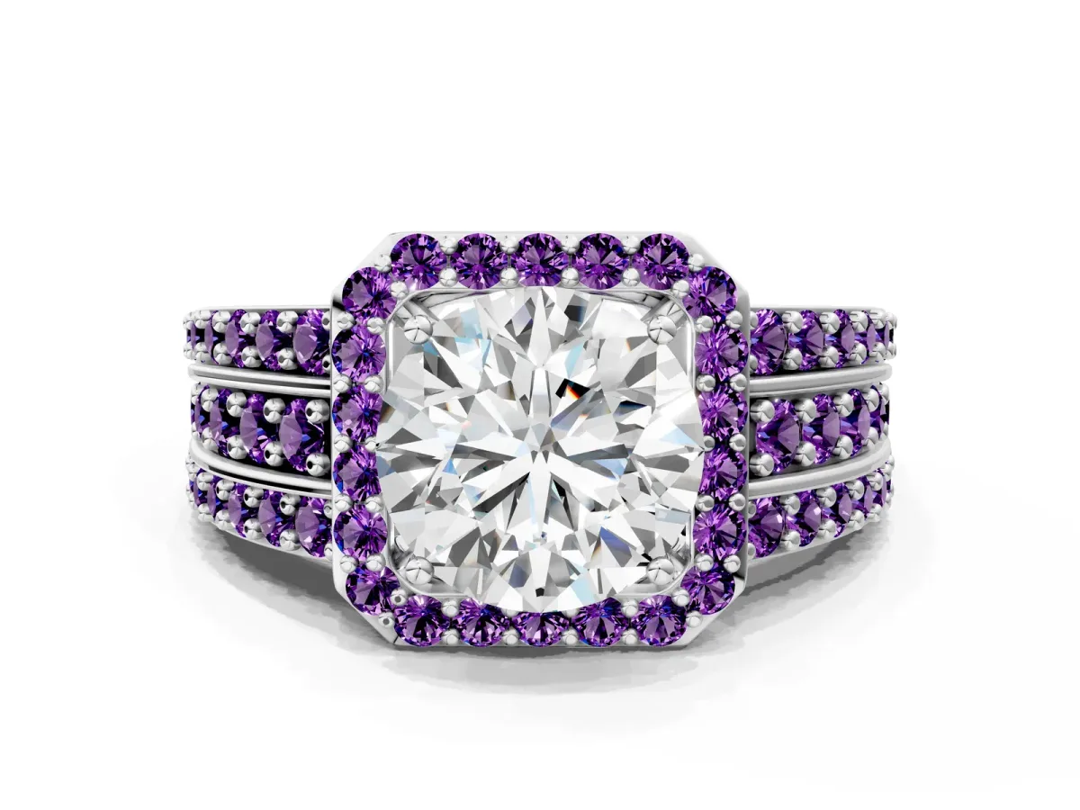 Round Cut Halo Diamond Ring with Round Tanzanite Split Shank and Prong Setting Platinum