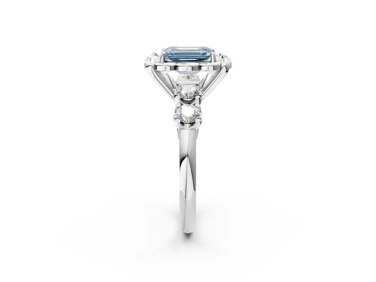 Fancy Blue Emerald Cut Cut Diamond Floral Halo Engagement Ring with Shared Prong Setting Silver
