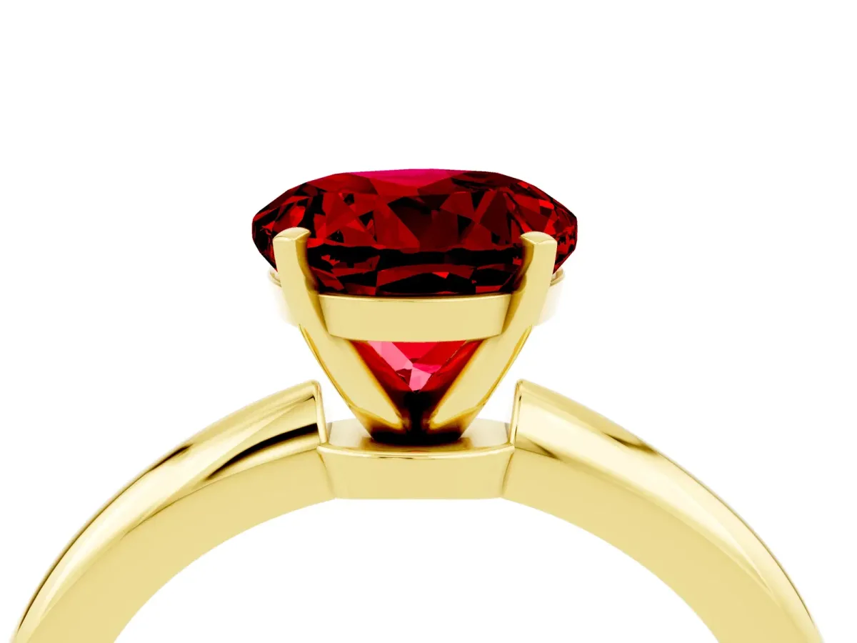Round Cut Ruby Solitaire Ring with Six-Prong Setting and Classic Band Yellow gold