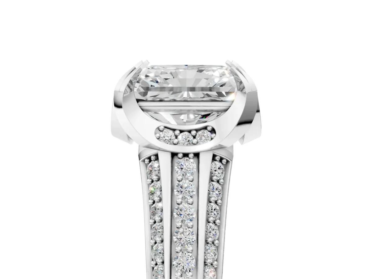 Radiant Cut Solitaire Pave Split Shank Ring with Four-Prong Setting Platinum