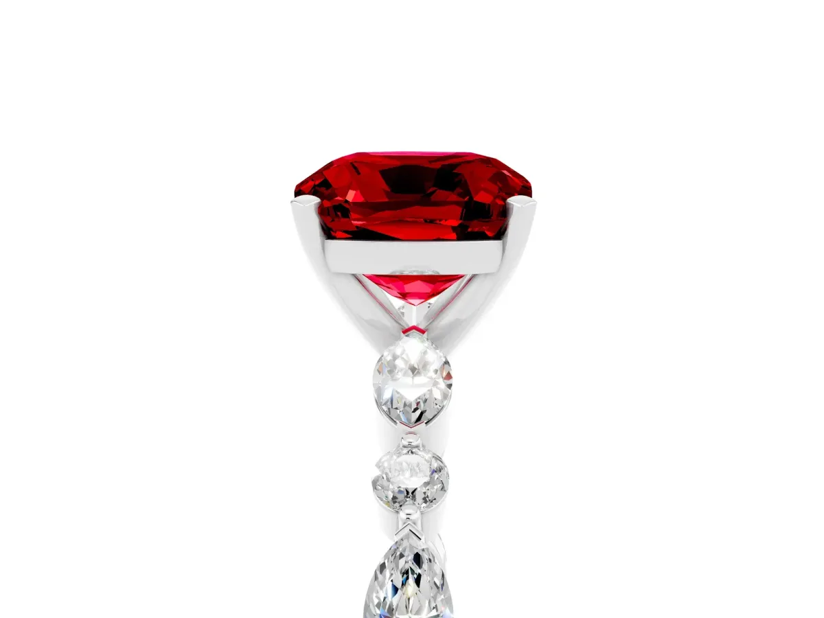 Cushion Cut Ruby Ring with Marquise and Round Side Stones and Four-Prong Setting Silver