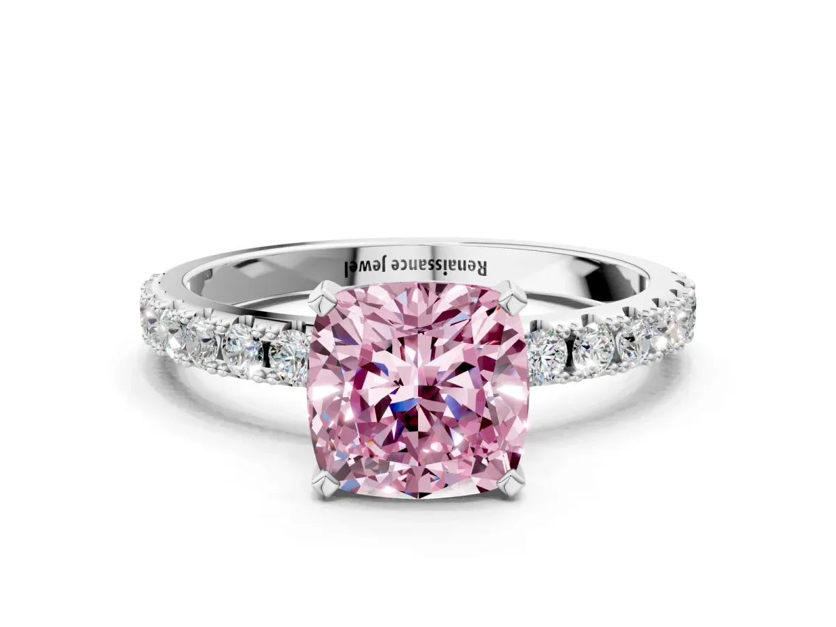 Fancy Pink Cushion Cut Diamond Solitaire Pavé Band with Four-Prong Setting Silver