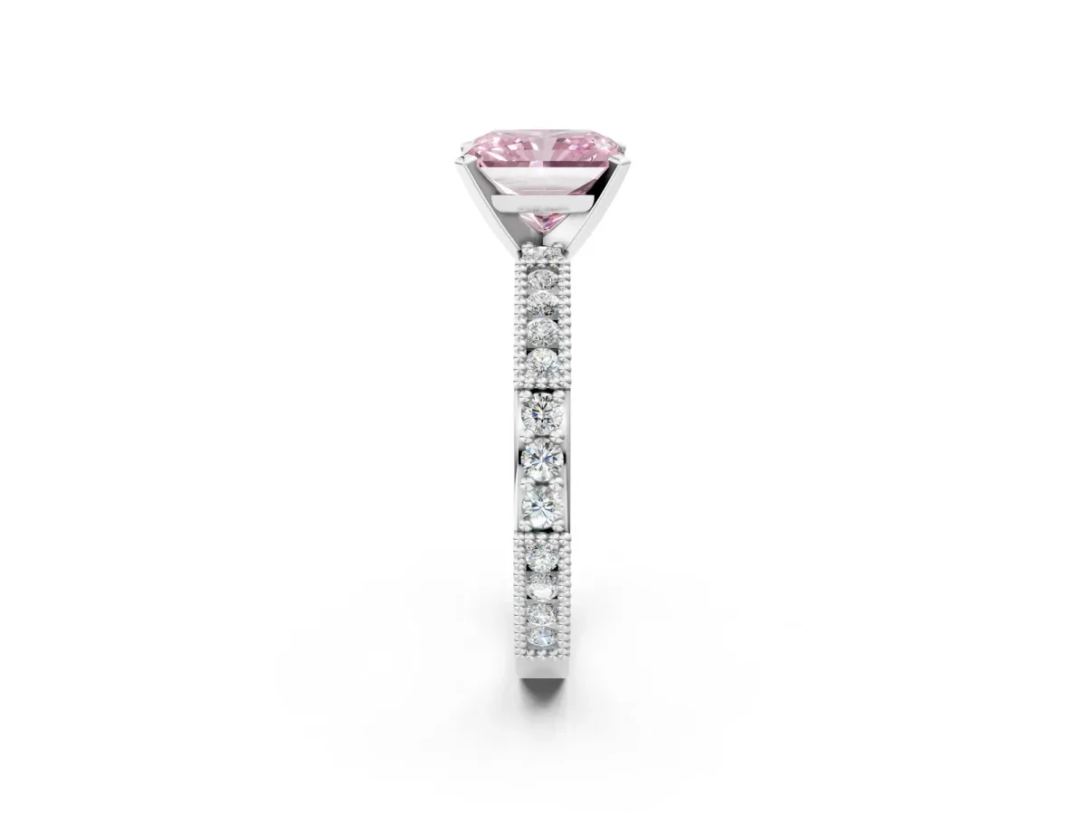 Fancy Pink Radiant Cut Solitaire with Pavé Band and Four-Prong Setting Silver