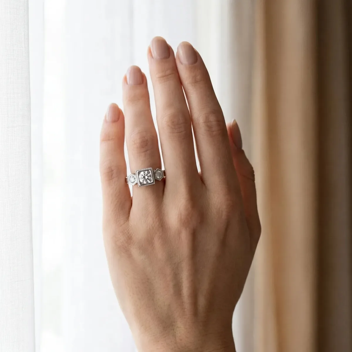 Bezel-Set Princess and Round Cut Milgrain Band Ring Platinum