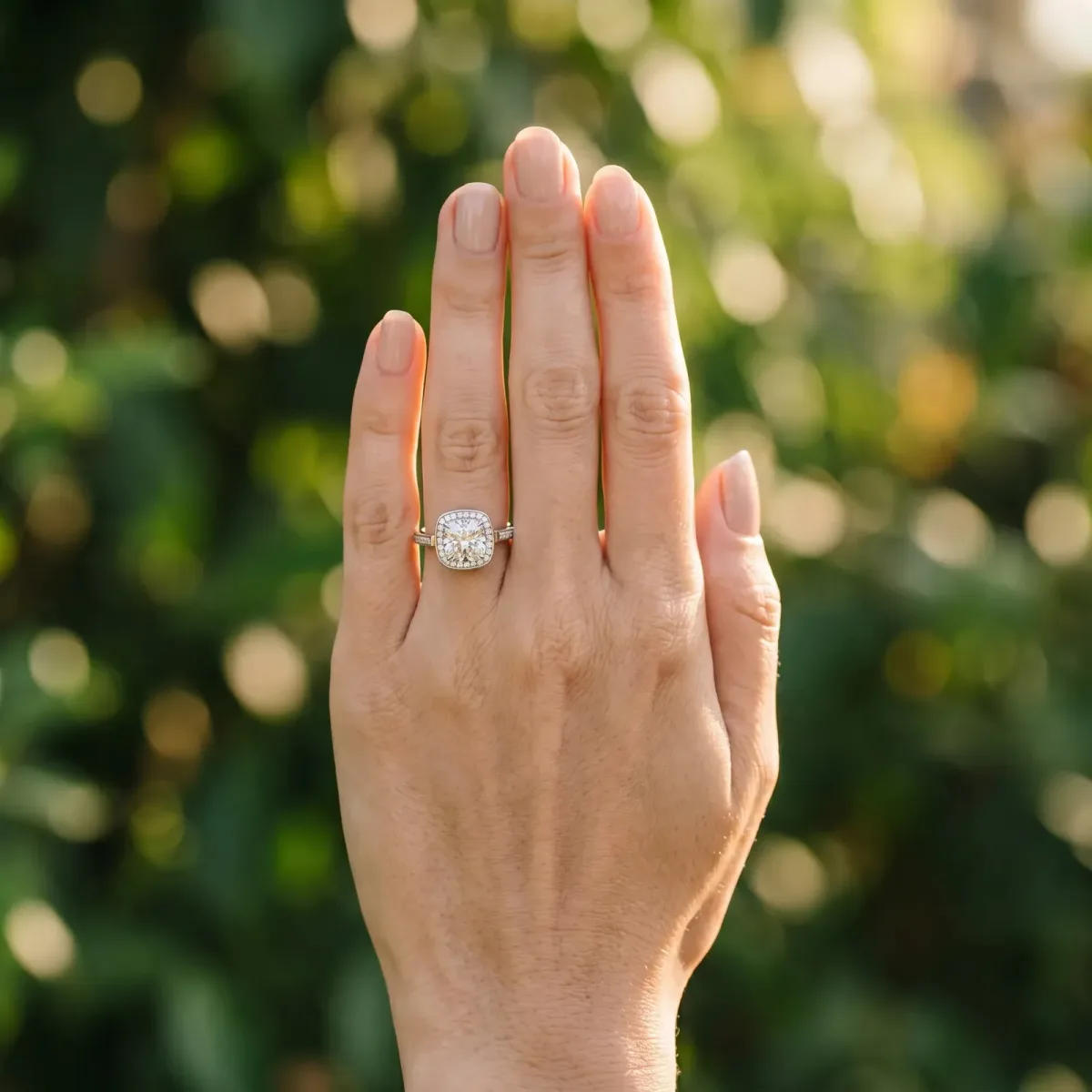 Cushion Cut Diamond Halo Ring with Split Shank and Four-Prong Setting White gold