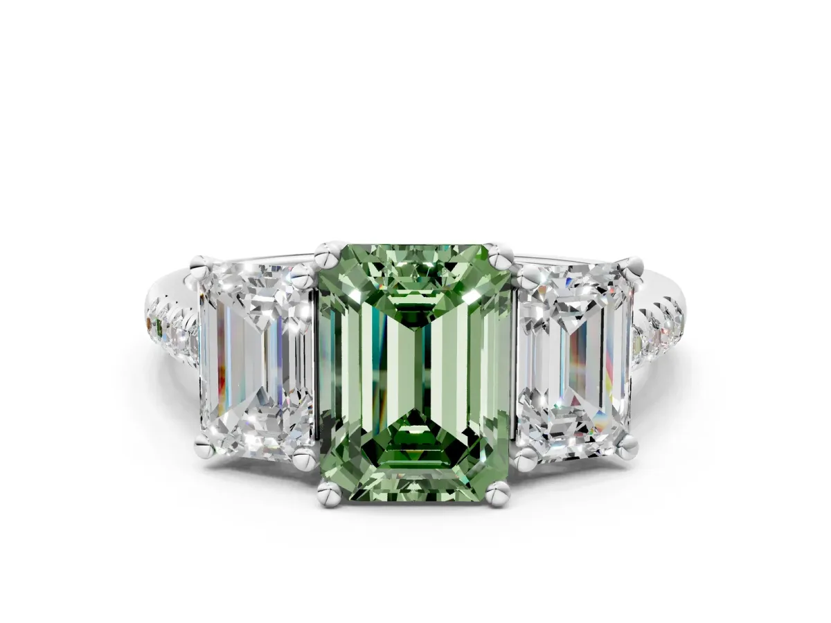 Fancy Green Three-Stone Emerald Cut Diamond Ring with Round Pavé Band and Prong Setting Platinum