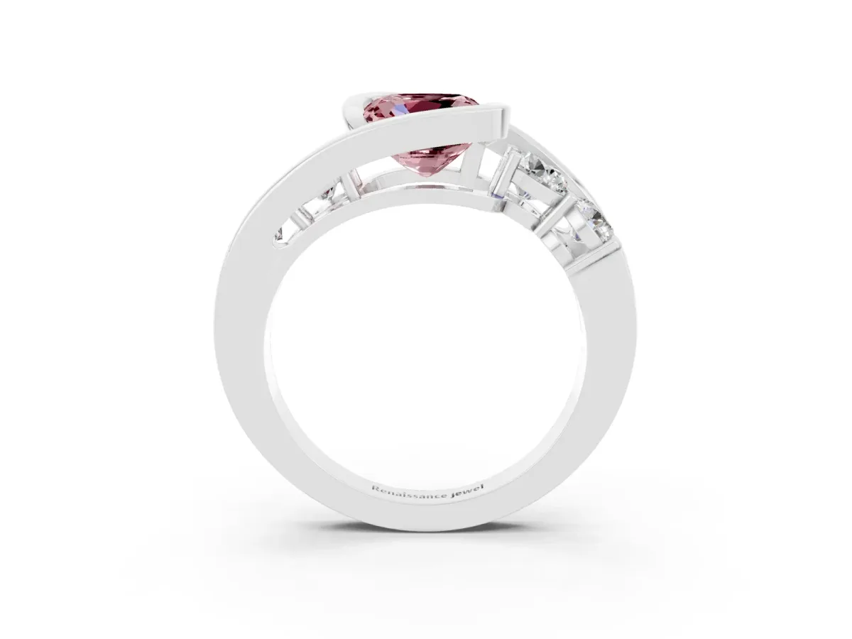 Bezel Set Cushion Cut Morganite Bypass Ring with Round Accents Silver