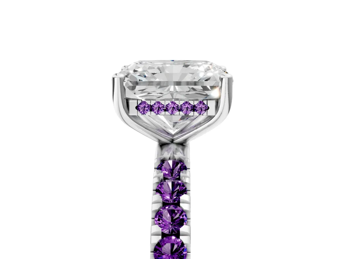 Radiant Cut Diamond Pave Band Solitaire Ring with Round Amethyst and Prong Setting Silver