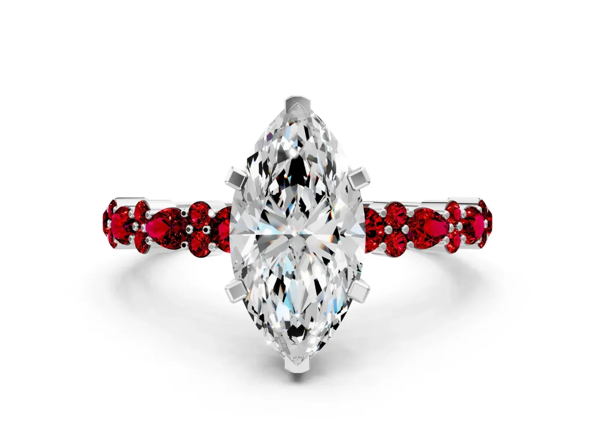 Marquise Cut Diamond Side Stone Solitaire Ring with Round Ruby and Four-Prong Setting Silver