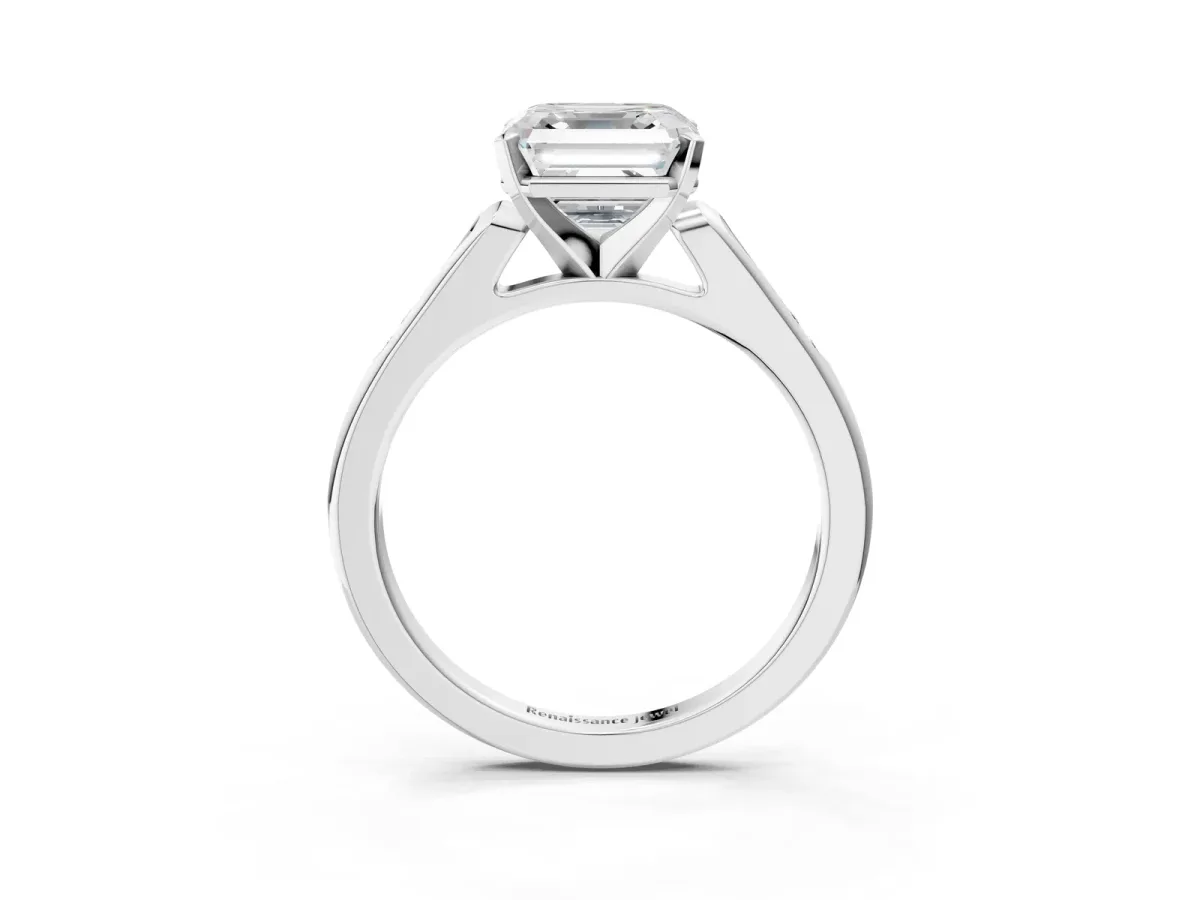 Asscher Cut Diamond Solitaire Ring with Channel Set Round Band and Prong Setting Silver
