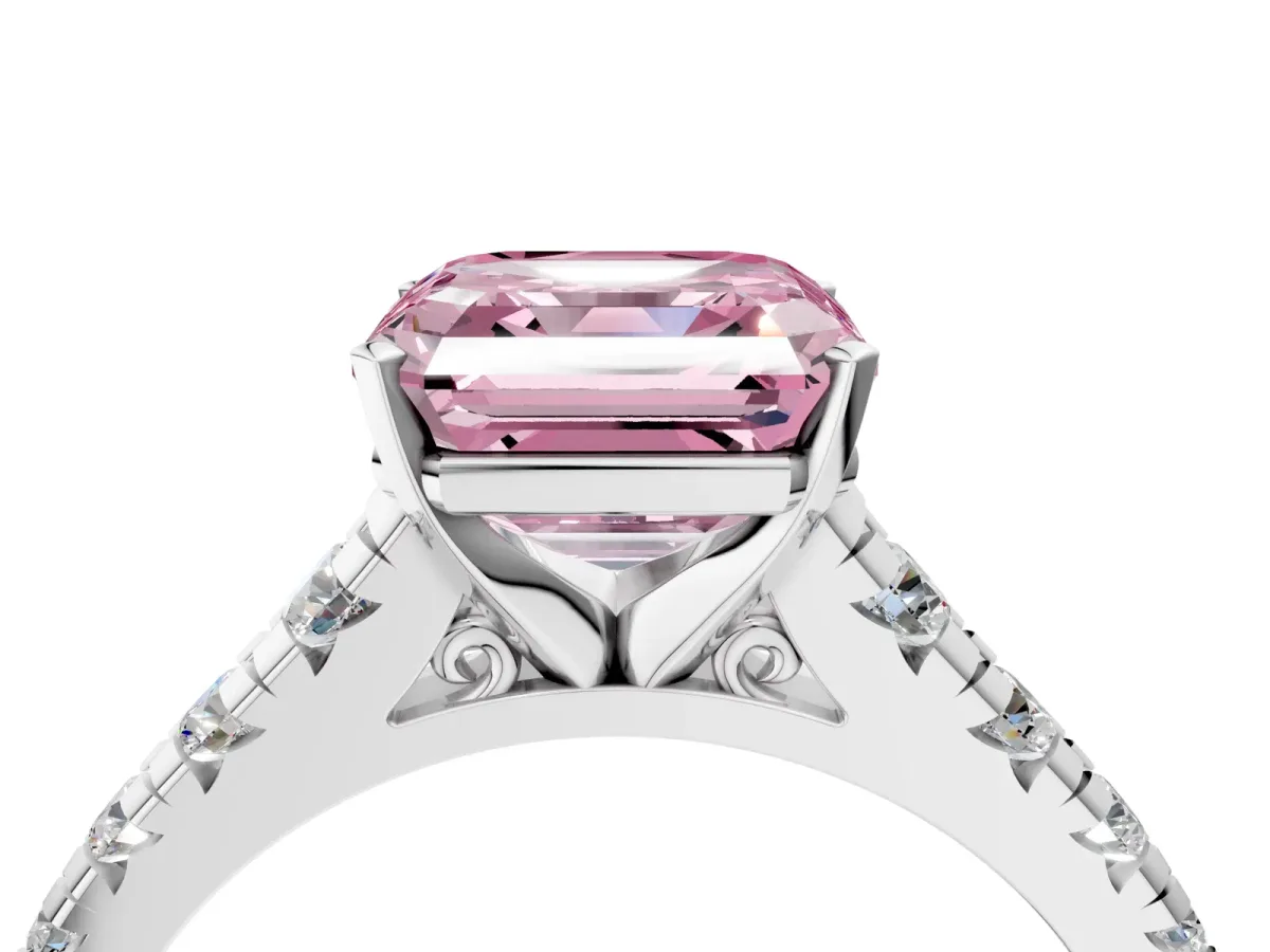 Fancy Pink Asscher Cut Diamond Cathedral Solitaire Ring with Round Pavé Band Silver