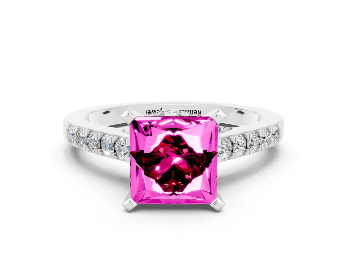 Princess Cut Garnet Solitaire Ring with Crossover Gallery and Round Pavé Band Silver