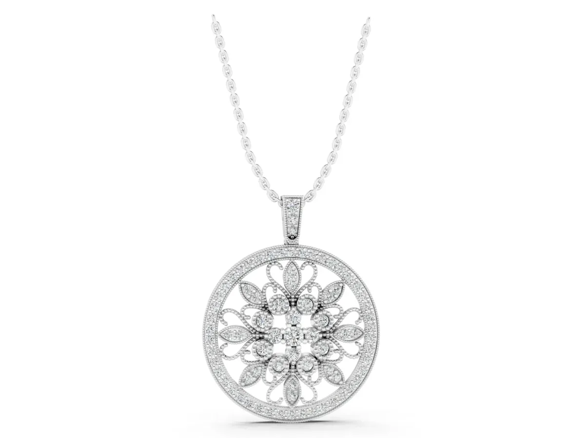 Round Pavé Diamond Filigree Pendant Silver