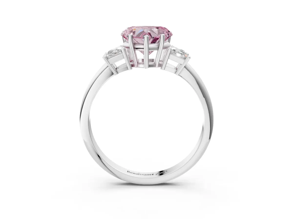 Fancy Pink Heart Cut Diamond Three-Stone Ring with Trapezoid Side Stones and Prong Setting Silver