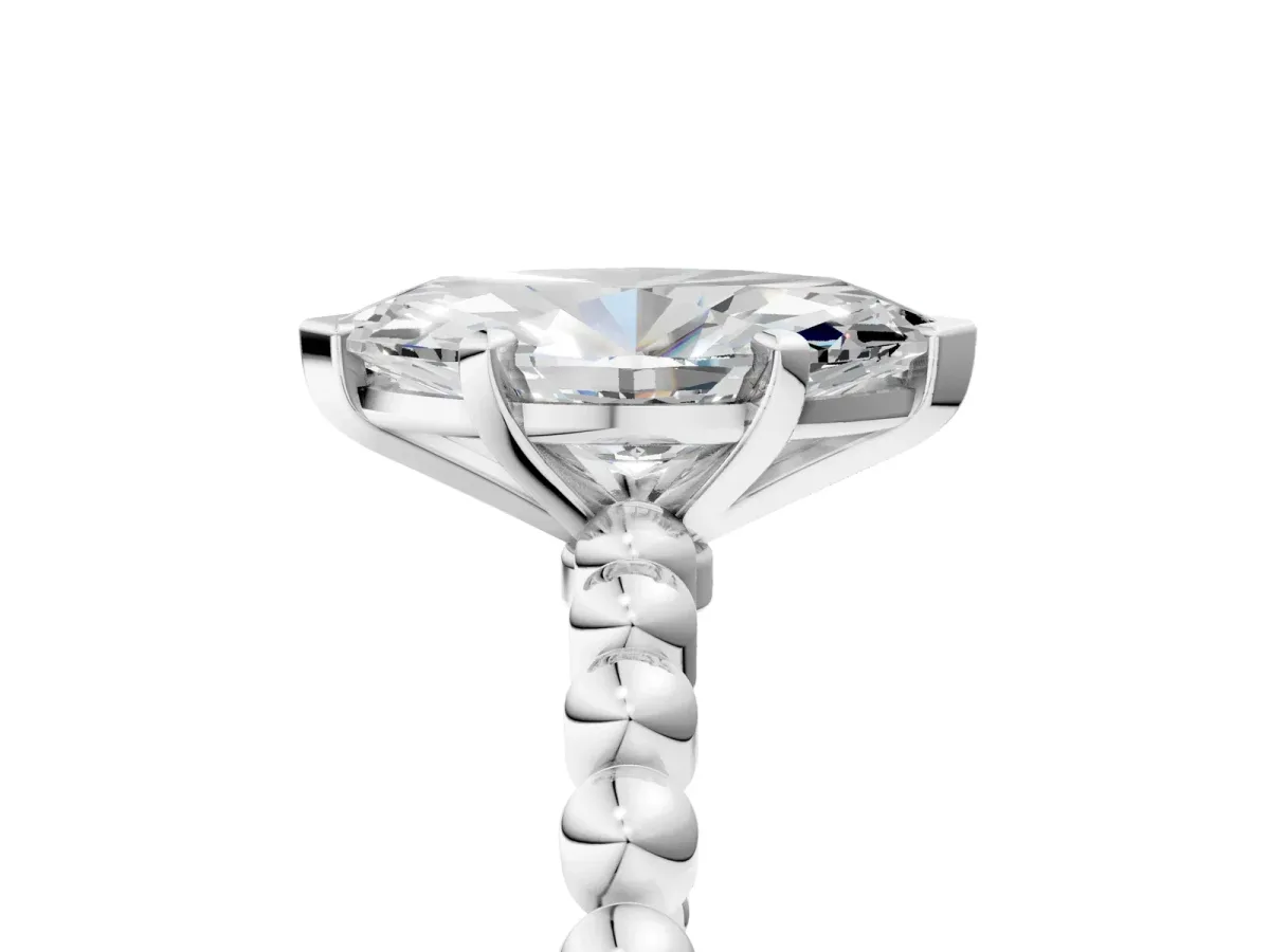 Marquise Cut Diamond Solitaire Ring with Beaded Band and Prong Setting Silver