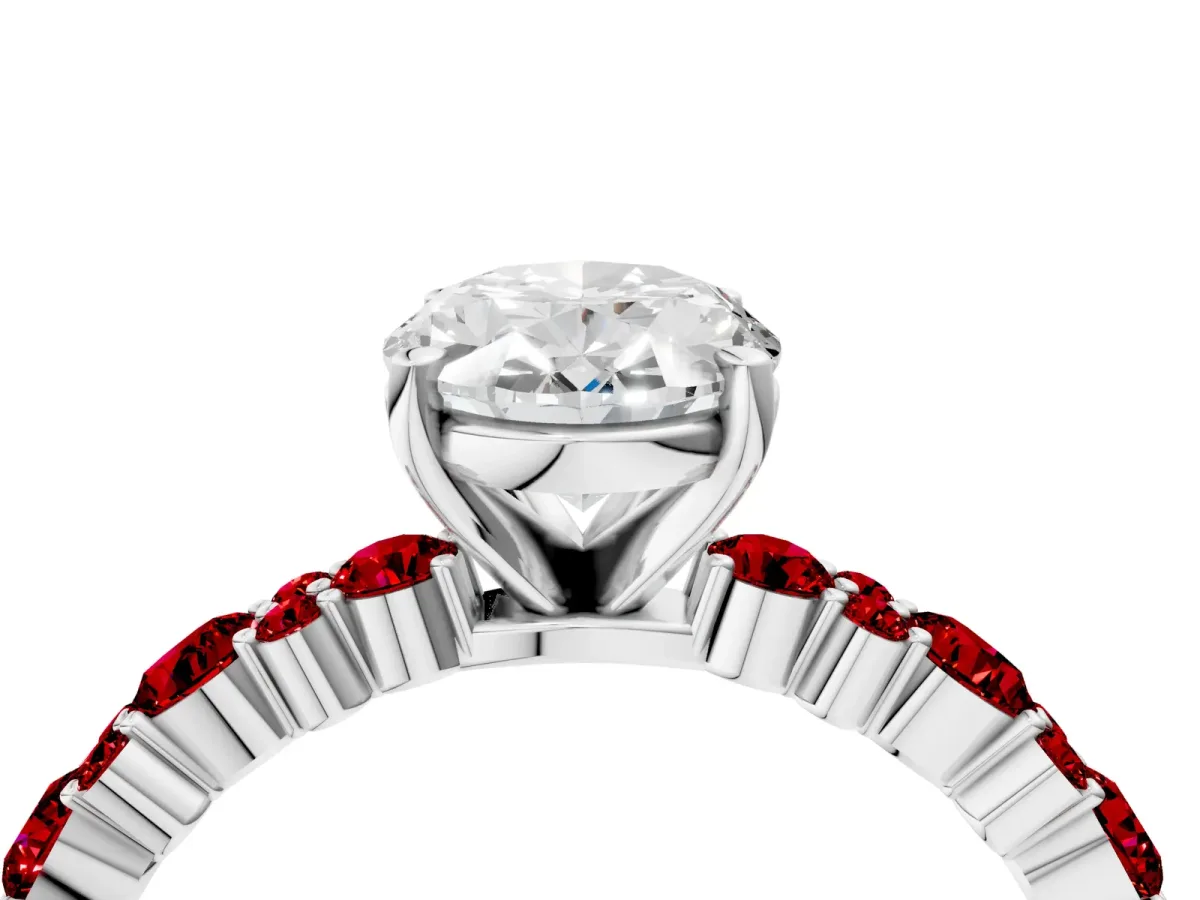 Oval Cut Diamond Side Stone Solitaire Ring with Round Ruby and Four-Prong Setting Silver