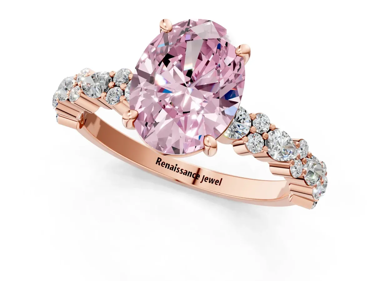 Fancy Pink Oval Cut Diamond Side Stone Solitaire Ring with Round and Four-Prong Setting Rose gold