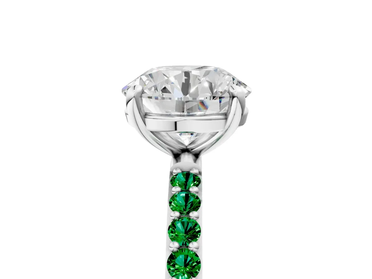 Round Cut Diamond Solitaire Ring with Round Emerald Pavé Band and Prong Setting Platinum